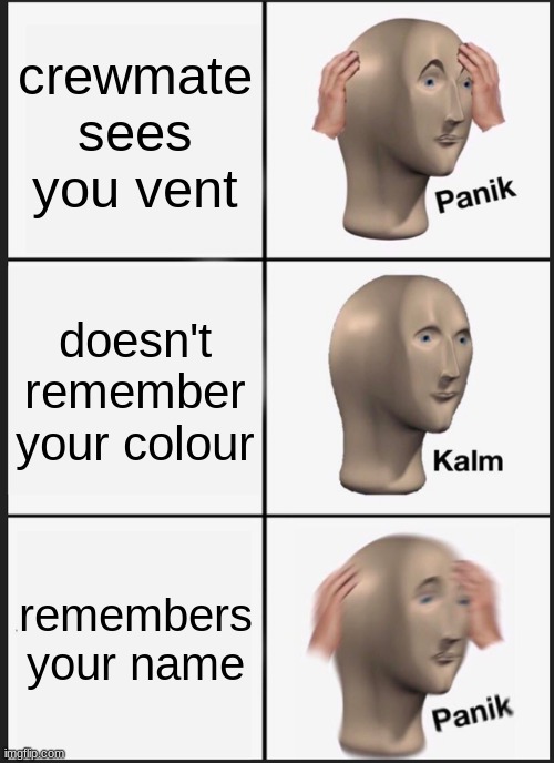 Panik Kalm Panik | crewmate sees you vent; doesn't remember your colour; remembers your name | image tagged in memes,panik kalm panik | made w/ Imgflip meme maker