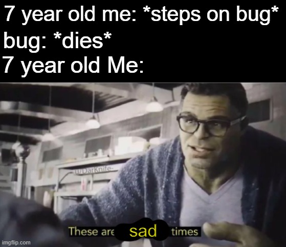 These are confusing times | 7 year old me: *steps on bug*; bug: *dies*; 7 year old Me:; sad | image tagged in these are confusing times | made w/ Imgflip meme maker
