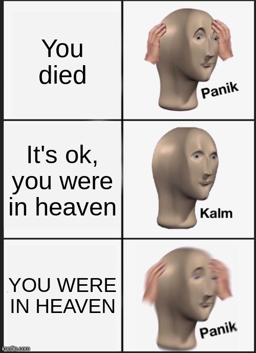 xd | You died; It's ok, you were in heaven; YOU WERE IN HEAVEN | image tagged in memes,panik kalm panik | made w/ Imgflip meme maker