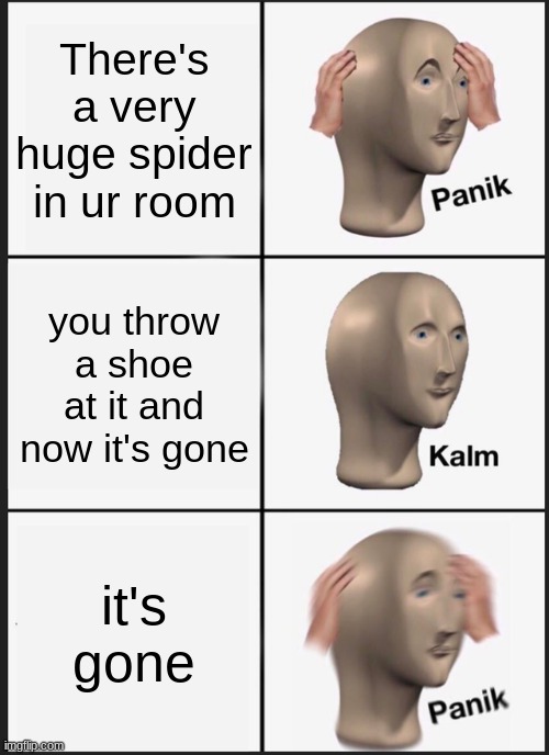 oh sh- | There's a very huge spider in ur room; you throw a shoe at it and now it's gone; it's gone | image tagged in memes,panik kalm panik | made w/ Imgflip meme maker