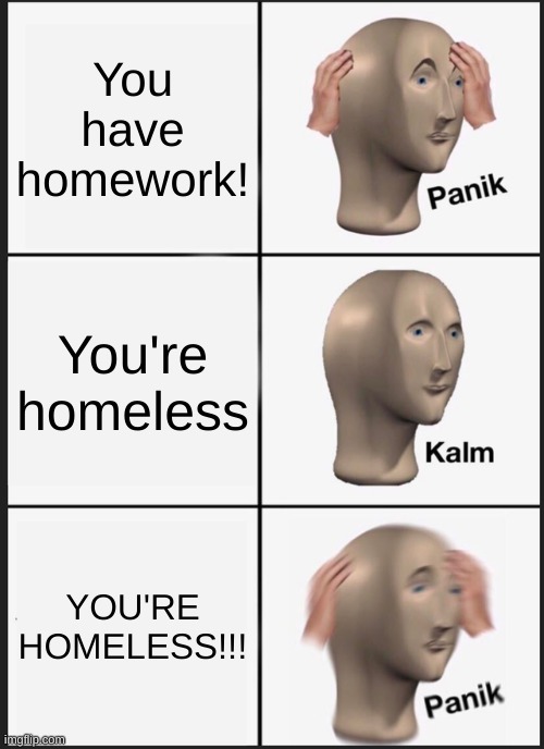 When you have homework. . . | You have homework! You're homeless; YOU'RE HOMELESS!!! | image tagged in memes,panik kalm panik | made w/ Imgflip meme maker