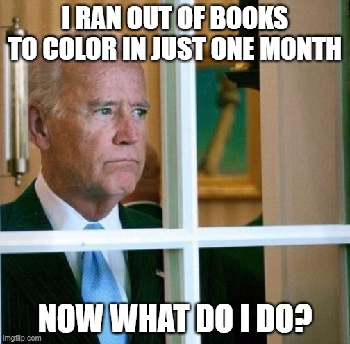 Now what do I do | I RAN OUT OF BOOKS TO COLOR IN JUST ONE MONTH; NOW WHAT DO I DO? | image tagged in sad joe biden,coloring books,executive orders,bored | made w/ Imgflip meme maker