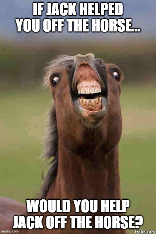 Horse Sense | IF JACK HELPED YOU OFF THE HORSE... WOULD YOU HELP JACK OFF THE HORSE? | image tagged in horse face | made w/ Imgflip meme maker