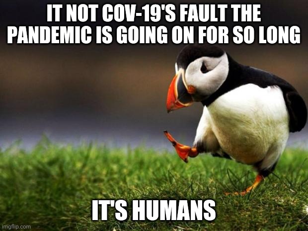 I wonder how much hate I'l get. And yes, this is true |  IT NOT COV-19'S FAULT THE PANDEMIC IS GOING ON FOR SO LONG; IT'S HUMANS | image tagged in memes,unpopular opinion puffin | made w/ Imgflip meme maker
