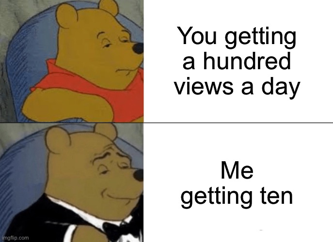 Tuxedo Winnie The Pooh Meme | You getting a hundred views a day Me getting ten | image tagged in memes,tuxedo winnie the pooh | made w/ Imgflip meme maker