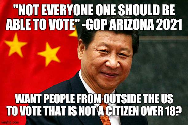 All you would have to do basiclly is come into the US and vote | "NOT EVERYONE ONE SHOULD BE ABLE TO VOTE" -GOP ARIZONA 2021; WANT PEOPLE FROM OUTSIDE THE US TO VOTE THAT IS NOT A CITIZEN OVER 18? | image tagged in xi jinping,vote | made w/ Imgflip meme maker