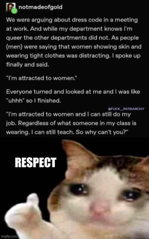 I'll bet the men shut up after that | RESPECT | image tagged in sad cat thumbs up,respect,lgbtq | made w/ Imgflip meme maker