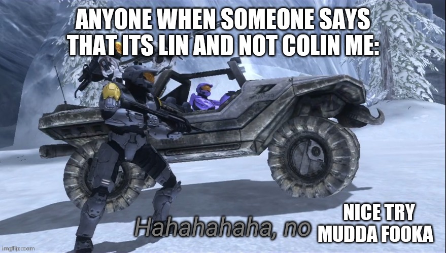 Haha no | ANYONE WHEN SOMEONE SAYS THAT ITS LIN AND NOT COLIN ME:; NICE TRY MUDDA FOOKA | image tagged in haha no,ChangedFurry | made w/ Imgflip meme maker