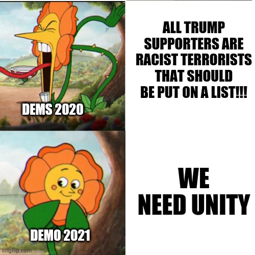 Unity :) | ALL TRUMP SUPPORTERS ARE RACIST TERRORISTS THAT SHOULD BE PUT ON A LIST!!! DEMS 2020; WE NEED UNITY; DEMO 2021 | image tagged in cuphead flower | made w/ Imgflip meme maker