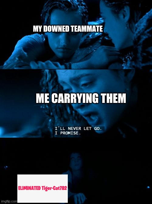 fortnite down | MY DOWNED TEAMMATE; ME CARRYING THEM | image tagged in rose/jack let go titanic,fortnite | made w/ Imgflip meme maker