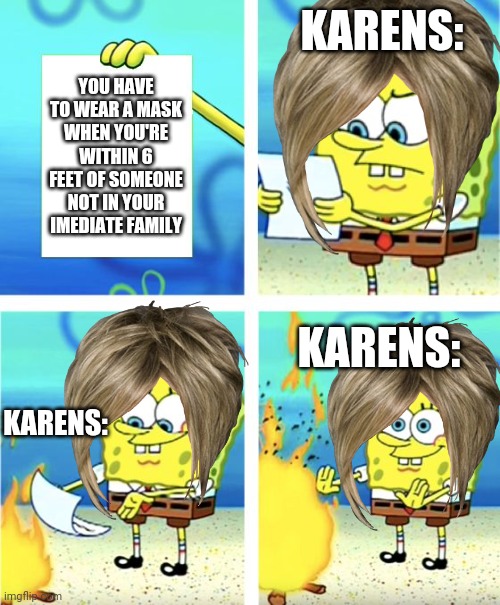 You do | KARENS:; YOU HAVE TO WEAR A MASK WHEN YOU'RE WITHIN 6 FEET OF SOMEONE NOT IN YOUR IMEDIATE FAMILY; KARENS:; KARENS: | image tagged in spongebob burning paper,the grammaricly incorrect,version of this was in,the fun stream,before i realized the mistakes | made w/ Imgflip meme maker