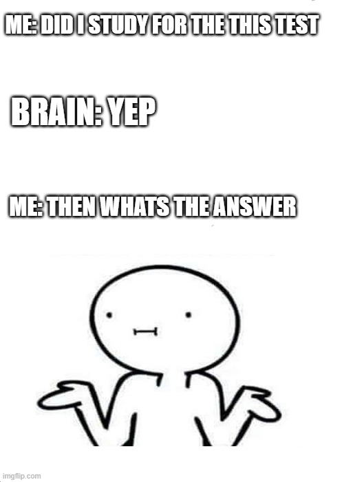 Expanding Brain | ME: DID I STUDY FOR THE THIS TEST; BRAIN: YEP; ME: THEN WHATS THE ANSWER | image tagged in memes,expanding brain | made w/ Imgflip meme maker