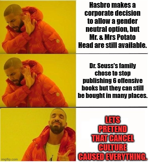 The blame thrower | Hasbro makes a corporate decision to allow a gender neutral option, but Mr. & Mrs Potato Head are still available. Dr. Seuss's family chose  | image tagged in drake 3 row,mr potato head,dr seuss,cancel culture,conservative logic | made w/ Imgflip meme maker
