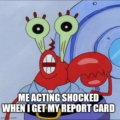 Mr Krabs big eyes | ME ACTING SHOCKED WHEN I GET MY REPORT CARD | image tagged in mr krabs big eyes | made w/ Imgflip meme maker