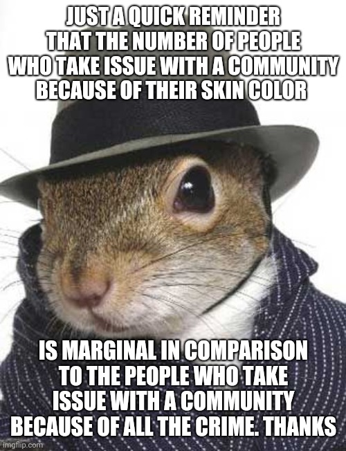 Squirrel in fedora | JUST A QUICK REMINDER THAT THE NUMBER OF PEOPLE WHO TAKE ISSUE WITH A COMMUNITY BECAUSE OF THEIR SKIN COLOR; IS MARGINAL IN COMPARISON TO THE PEOPLE WHO TAKE ISSUE WITH A COMMUNITY BECAUSE OF ALL THE CRIME. THANKS | image tagged in squirrel in fedora | made w/ Imgflip meme maker