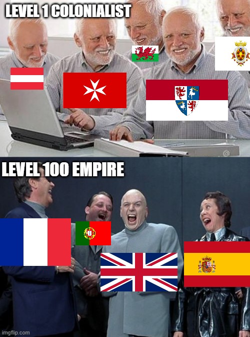 Colony City | LEVEL 1 COLONIALIST; LEVEL 100 EMPIRE | image tagged in hide the pain harold group project,memes,laughing villains,colonialism,british empire,historical meme | made w/ Imgflip meme maker