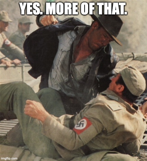 Indiana Jones Punching Nazis | YES. MORE OF THAT. | image tagged in indiana jones punching nazis | made w/ Imgflip meme maker