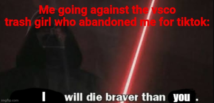 I will die braver than you | Me going against the vsco trash girl who abandoned me for tiktok: | image tagged in i will die braver than you | made w/ Imgflip meme maker