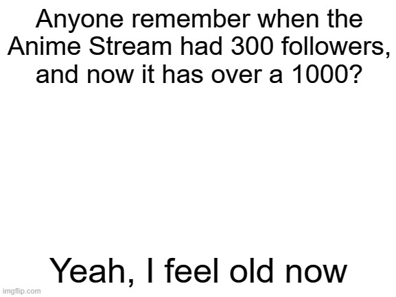 Anyone? Or is it just me? | Anyone remember when the Anime Stream had 300 followers, and now it has over a 1000? Yeah, I feel old now | image tagged in blank white template | made w/ Imgflip meme maker