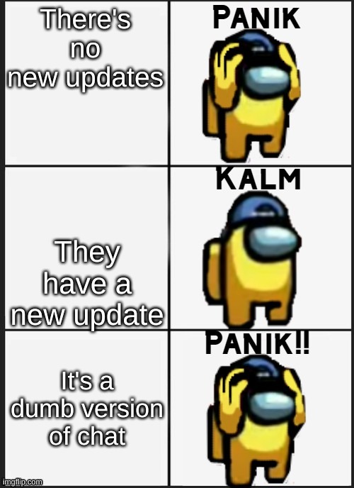 The update was so annoying | There's no new updates; They have a new update; It's a dumb version of chat | image tagged in among us panik,among us,panik kalm panik,nooooooooo | made w/ Imgflip meme maker