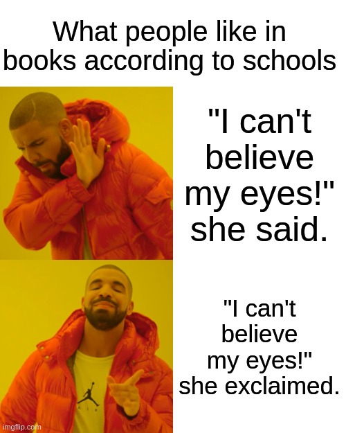I don't get why they teach us this. | What people like in books according to schools; "I can't believe my eyes!" she said. "I can't believe my eyes!" she exclaimed. | image tagged in memes,drake hotline bling | made w/ Imgflip meme maker
