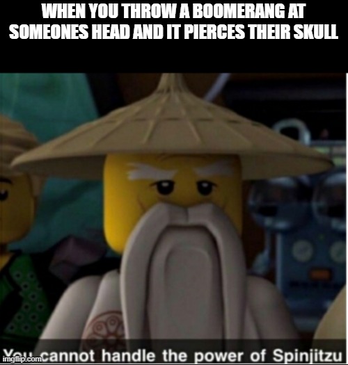 You cannot handle the power of Spinjitzu | WHEN YOU THROW A BOOMERANG AT SOMEONES HEAD AND IT PIERCES THEIR SKULL | image tagged in you cannot handle the power of spinjitzu | made w/ Imgflip meme maker