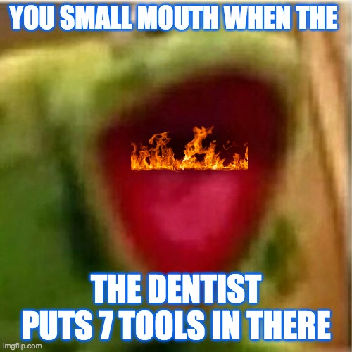 My smol bean mouth | YOU SMALL MOUTH WHEN THE; THE DENTIST PUTS 7 TOOLS IN THERE | image tagged in ahhhhhhhhhhhhh,haha | made w/ Imgflip meme maker