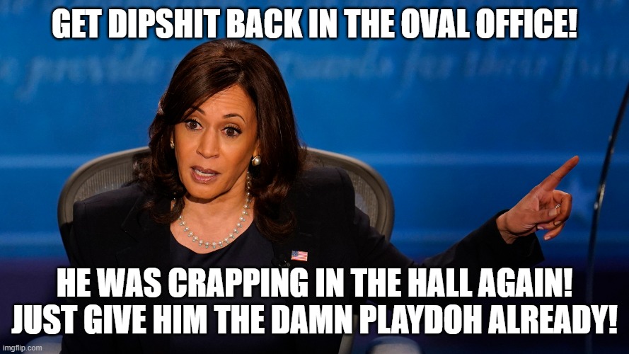 joe Biden is out of the oval office again! | GET DIPSHIT BACK IN THE OVAL OFFICE! HE WAS CRAPPING IN THE HALL AGAIN!
JUST GIVE HIM THE DAMN PLAYDOH ALREADY! | image tagged in joe biden,kamala harris | made w/ Imgflip meme maker