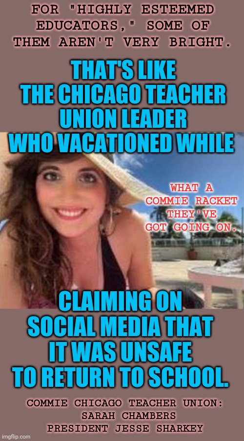 Hypocrite Social Justice Warrior | FOR "HIGHLY ESTEEMED EDUCATORS," SOME OF THEM AREN'T VERY BRIGHT. THAT'S LIKE THE CHICAGO TEACHER UNION LEADER WHO VACATIONED WHILE CLAIMING | image tagged in hypocrite social justice warrior | made w/ Imgflip meme maker