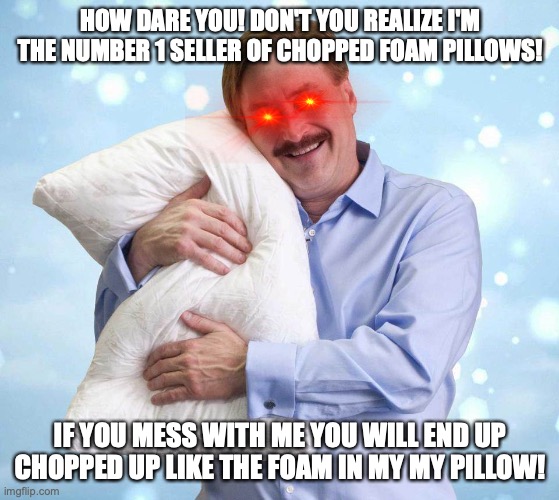 My Pillow Guy | HOW DARE YOU! DON'T YOU REALIZE I'M THE NUMBER 1 SELLER OF CHOPPED FOAM PILLOWS! IF YOU MESS WITH ME YOU WILL END UP CHOPPED UP LIKE THE FOA | image tagged in my pillow guy | made w/ Imgflip meme maker