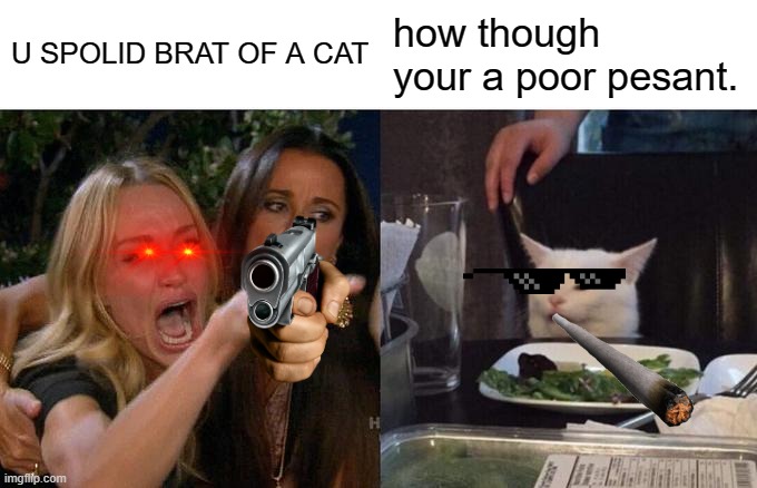 brat | U SPOLID BRAT OF A CAT; how though your a poor pesant. | image tagged in memes,woman yelling at cat | made w/ Imgflip meme maker