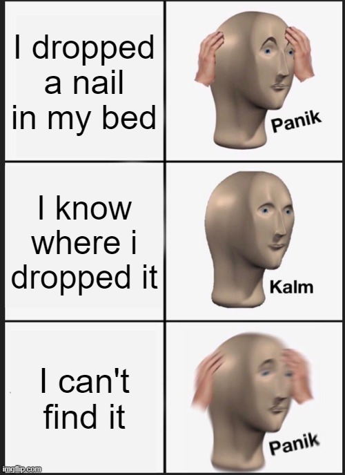 Panik Kalm Panik | I dropped a nail in my bed; I know where i dropped it; I can't find it | image tagged in memes,panik kalm panik | made w/ Imgflip meme maker