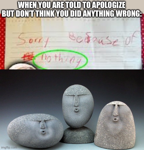 Wow. |  WHEN YOU ARE TOLD TO APOLOGIZE BUT DON’T THINK YOU DID ANYTHING WRONG: | image tagged in oof stones,funny,school,apology,oof size large | made w/ Imgflip meme maker