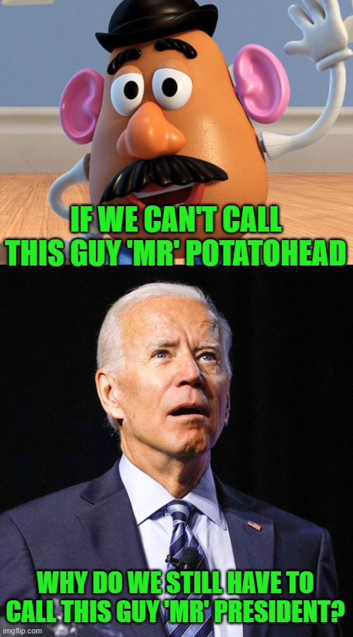 IF WE CAN'T CALL THIS GUY 'MR' POTATOHEAD WHY DO WE STILL HAVE TO CALL THIS GUY 'MR' PRESIDENT? | image tagged in mr potato head,joe biden | made w/ Imgflip meme maker