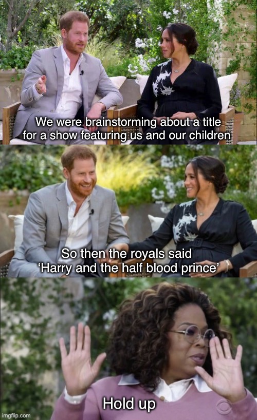 Harry and the half blood prince | We were brainstorming about a title for a show featuring us and our children; So then the royals said 
‘Harry and the half blood prince’; Hold up | image tagged in prince harry meghan and oprah meme template,harry potter,oprah,prince harry,meghan markle,memes | made w/ Imgflip meme maker