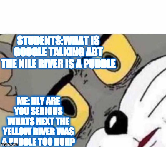 History Nonsense | STUDENTS:WHAT IS GOOGLE TALKING ABT THE NILE RIVER IS A PUDDLE; ME: RLY ARE YOU SERIOUS WHATS NEXT THE YELLOW RIVER WAS A PUDDLE TOO HUH? | image tagged in tom cat unsettled close up | made w/ Imgflip meme maker