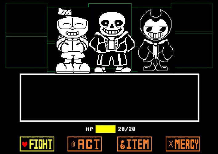 The Indie Time Trio | image tagged in blank undertale battle,cuphead,bendy and the ink machine,sans undertale,undertale,bad time trio | made w/ Imgflip meme maker
