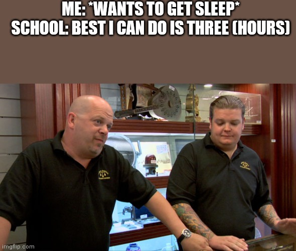 I just want sleep.. | ME: *WANTS TO GET SLEEP*
SCHOOL: BEST I CAN DO IS THREE (HOURS) | image tagged in pawn stars best i can do | made w/ Imgflip meme maker