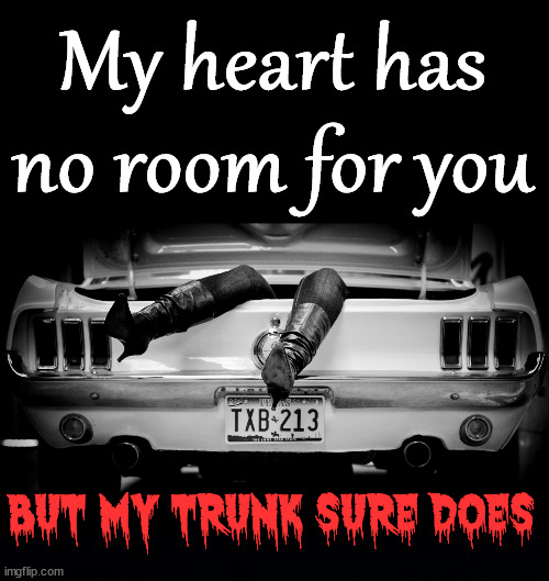 My heart has no room for you; BUT MY TRUNK SURE DOES | image tagged in the hooker in the trunk of my car,black background,dark humor | made w/ Imgflip meme maker