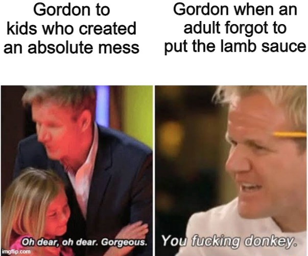 Gordon Ramsay kids vs adults | Gordon to kids who created an absolute mess Gordon when an adult forgot to put the lamb sauce | image tagged in gordon ramsay kids vs adults | made w/ Imgflip meme maker