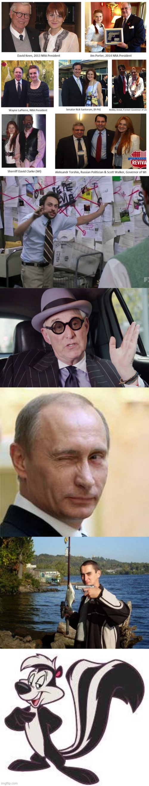 image tagged in maria butina,charlie conspiracy always sunny in philidelphia,roger stone convict,putin winking,russian gangster | made w/ Imgflip meme maker