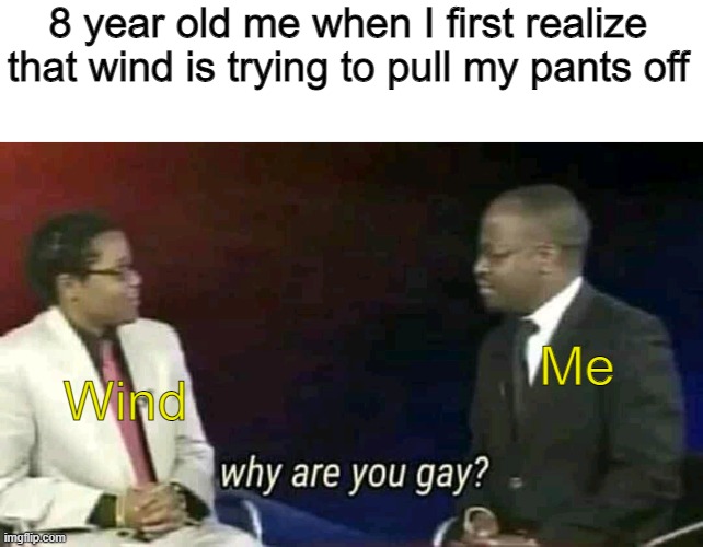 Wind is such a pervert... | 8 year old me when I first realize that wind is trying to pull my pants off; Me; Wind | image tagged in why are you gay | made w/ Imgflip meme maker