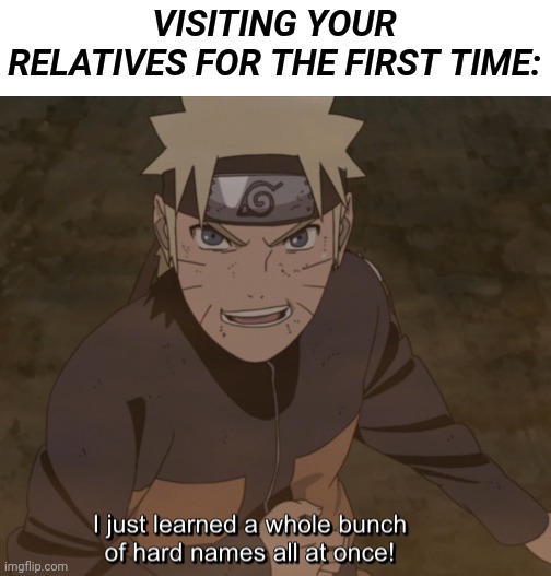 Naruto | VISITING YOUR RELATIVES FOR THE FIRST TIME: | image tagged in naruto | made w/ Imgflip meme maker