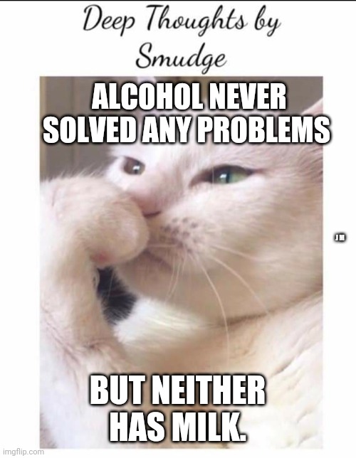 Smudge | ALCOHOL NEVER SOLVED ANY PROBLEMS; J M; BUT NEITHER HAS MILK. | image tagged in smudge | made w/ Imgflip meme maker