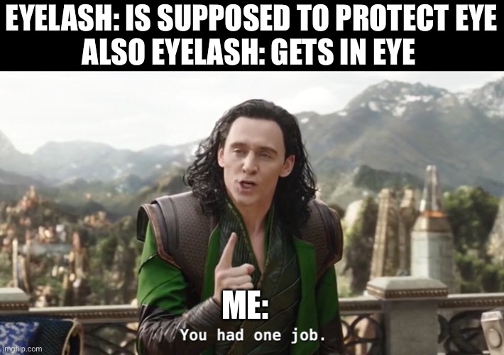 You had one job loki | EYELASH: IS SUPPOSED TO PROTECT EYE
ALSO EYELASH: GETS IN EYE; ME: | image tagged in you had one job loki | made w/ Imgflip meme maker