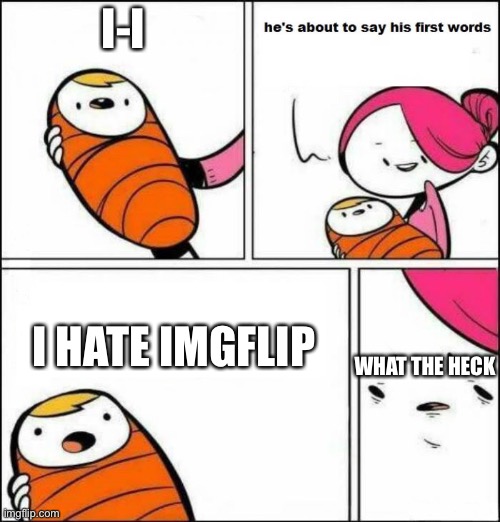 He is About to Say His First Words | I-I; I HATE IMGFLIP; WHAT THE HECK | image tagged in he is about to say his first words,haters | made w/ Imgflip meme maker