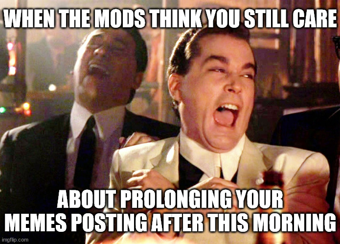 I got all day... | WHEN THE MODS THINK YOU STILL CARE; ABOUT PROLONGING YOUR MEMES POSTING AFTER THIS MORNING | image tagged in memes,good fellas hilarious,mods,mods are sus,bias,cowards | made w/ Imgflip meme maker