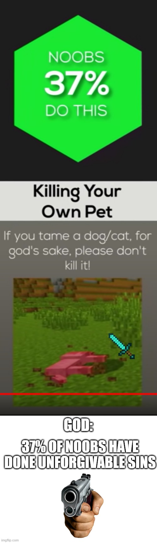 how noobs how | GOD:; 37% OF NOOBS HAVE DONE UNFORGIVABLE SINS | image tagged in memes,funny memes,so true memes,lol so funny,minecraft | made w/ Imgflip meme maker