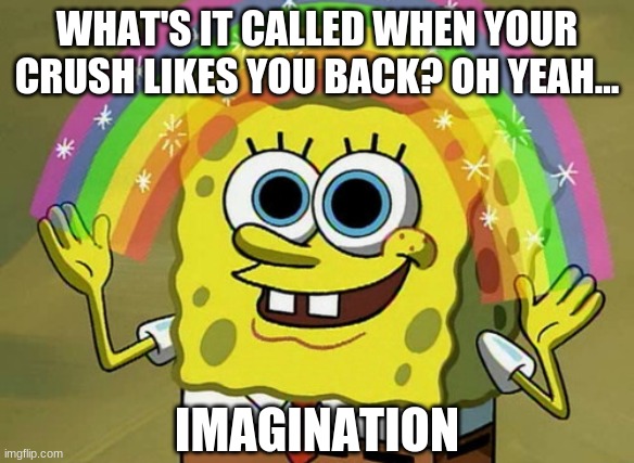 Imagination Spongebob Meme | WHAT'S IT CALLED WHEN YOUR CRUSH LIKES YOU BACK? OH YEAH... IMAGINATION | image tagged in memes,imagination spongebob | made w/ Imgflip meme maker