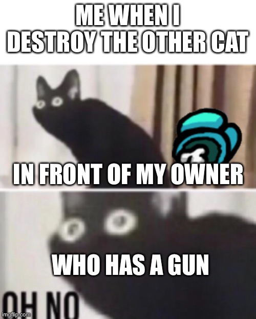 Oh no cat | ME WHEN I DESTROY THE OTHER CAT; IN FRONT OF MY OWNER; WHO HAS A GUN | image tagged in oh no cat | made w/ Imgflip meme maker